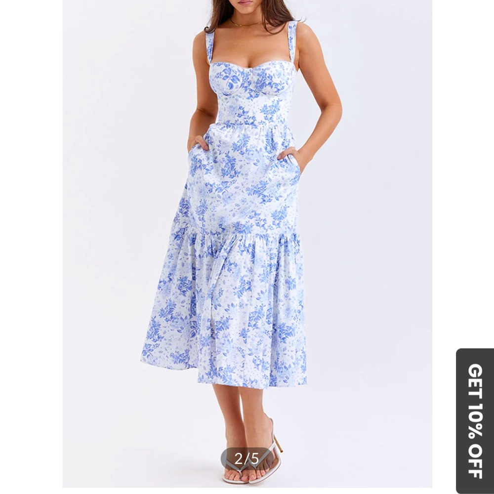 COMMENSE Forget Me Not Floral Pockets Zippered Long Dress NWT